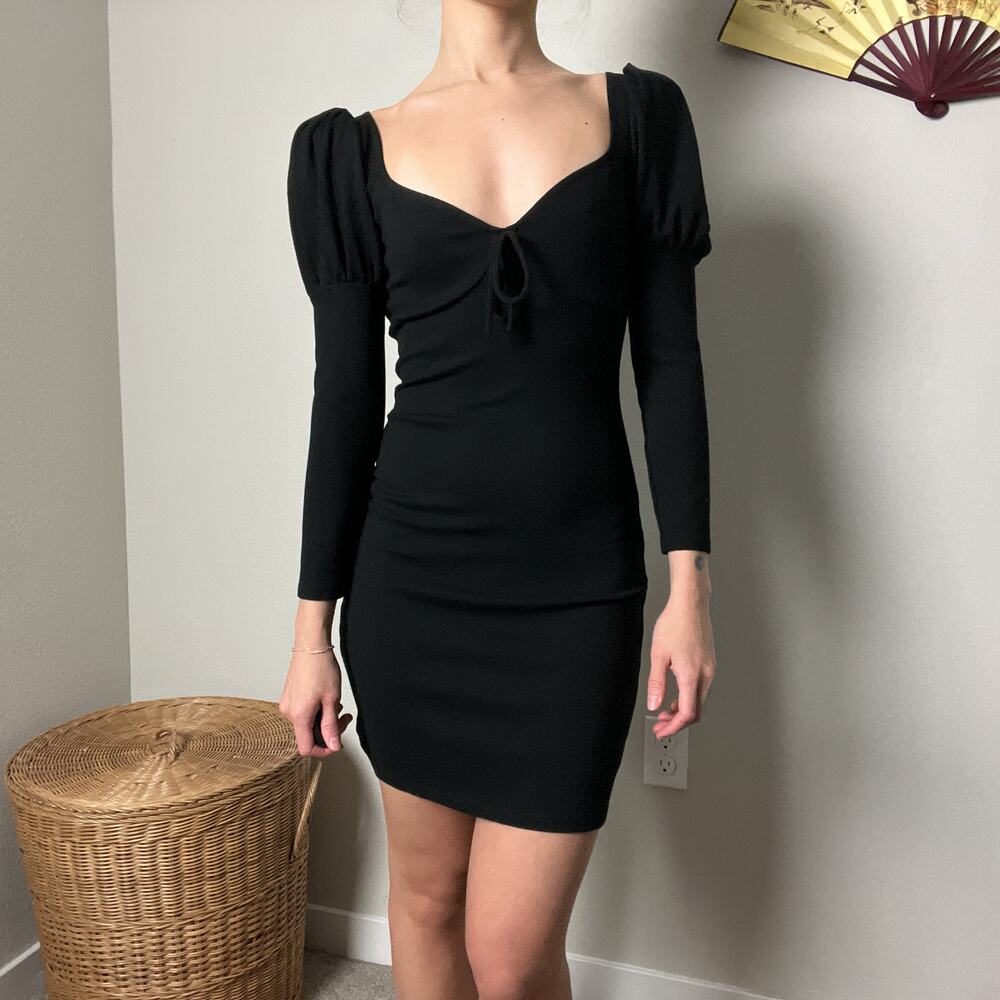 reformation helga black sweetheart bodycon puff long sleeve mini dress